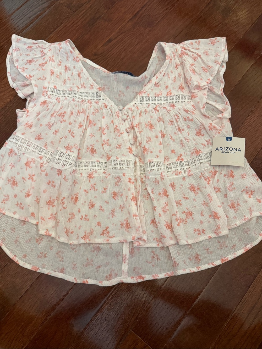 Arizona Jean Company White & Pink Floral Ruffle Crop Top